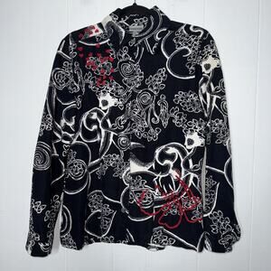 Chico’s Women’s Heart Print Artsy Button Front Shirt Jacket Black Size 0 Small